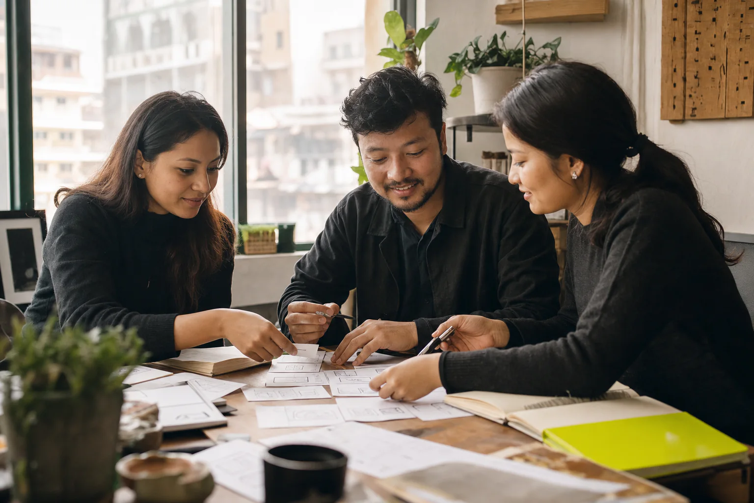 Three people collaborating around sketches in a daylight studio